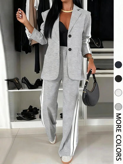 Women’s Striped Print Suit Set – Blazer Jacket & Wide Leg Pants