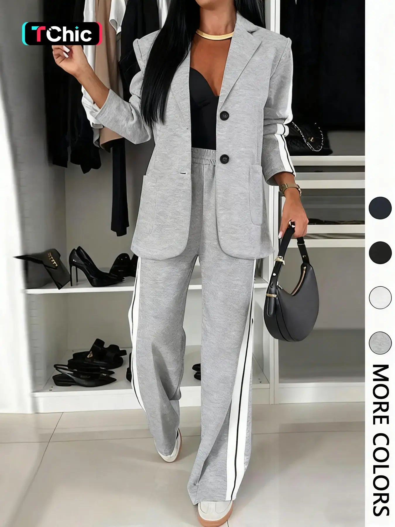 Women’s Striped Print Suit Set – Blazer Jacket & Wide Leg Pants