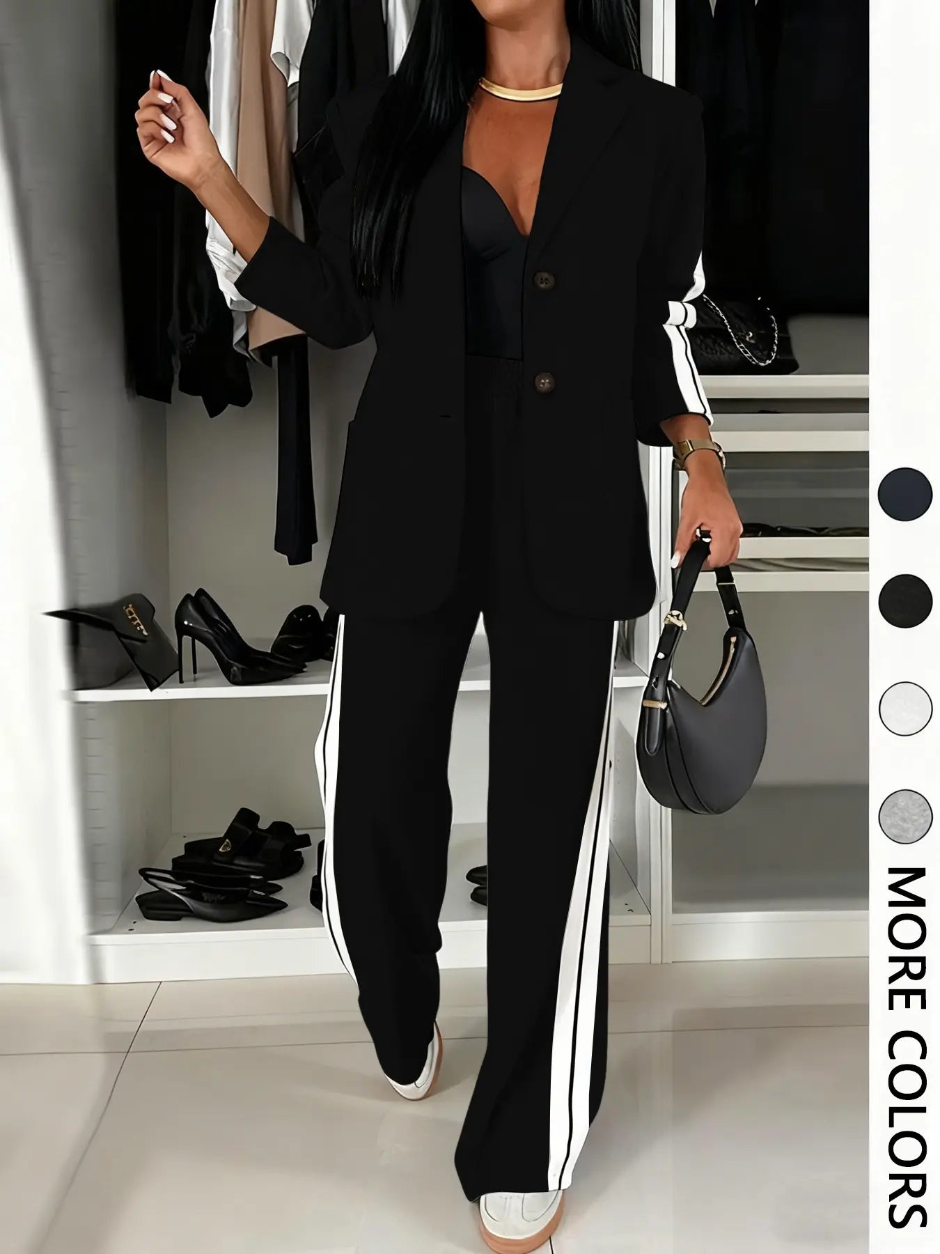 Women’s Striped Print Suit Set – Blazer Jacket & Wide Leg Pants