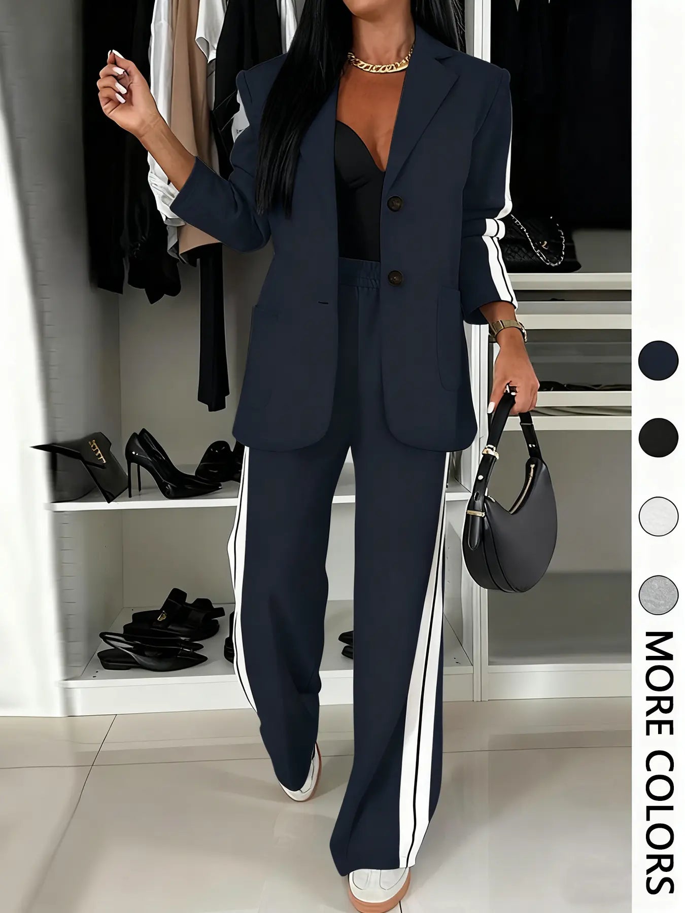 Women’s Striped Print Suit Set – Blazer Jacket & Wide Leg Pants